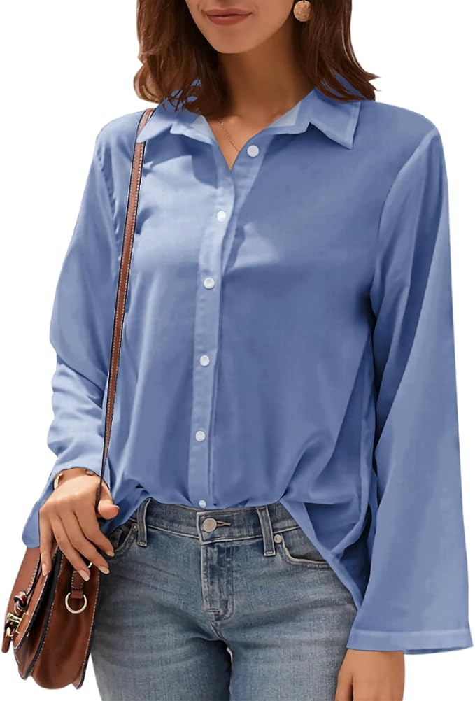Womens Classic Shirts Casual Button Solid Color Long Sleeve Work Blouse Collared Relaxed Fit Summer Tops