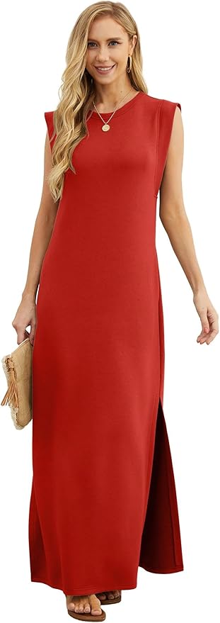 GRECERELLE 2026 Women Year-Round Casual Round Neck Loose Split Wrinkle-Free Long Maxi Vacation Dress with Pockets (XXS-4XL)