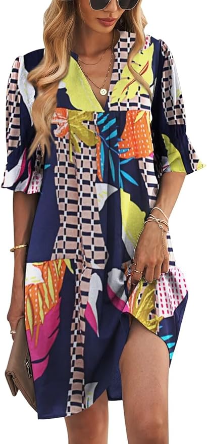 Wkior Shift Dress for Women V Neck Short Sleeves Solid Color Casual Flowy Summer Dresses(S-2XL)