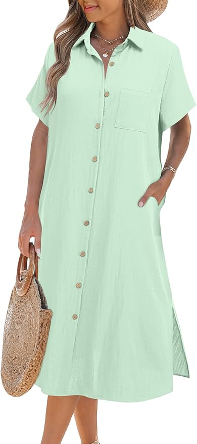 Zeagoo Women Dresses Summer Casual Short Sleeve Button Down Shirt Dresses 2025 Beach Cover Up with Pockets