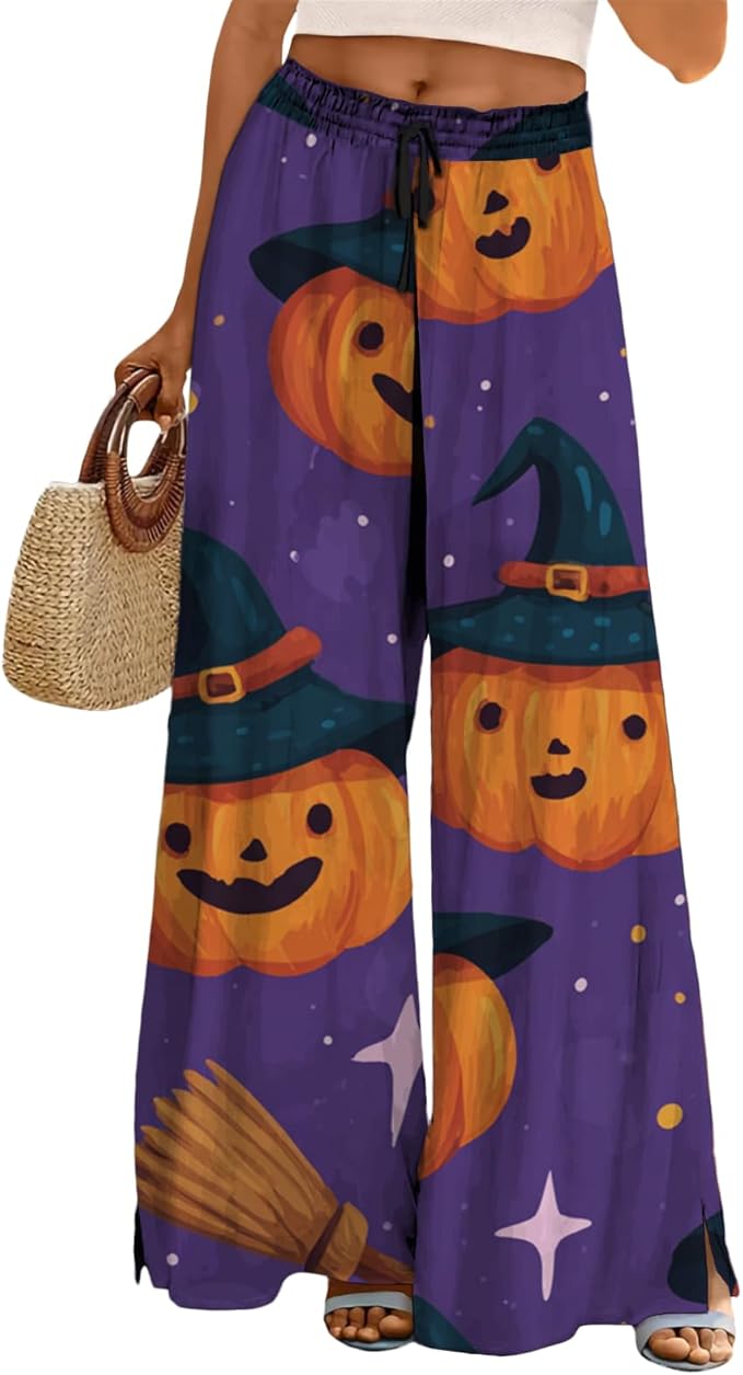 domirica Halloween Pants Women Drawstring Elastic Waist Wide Leg Pants Ladies Pumpkin Ghost Pajama Vintage Street Wear