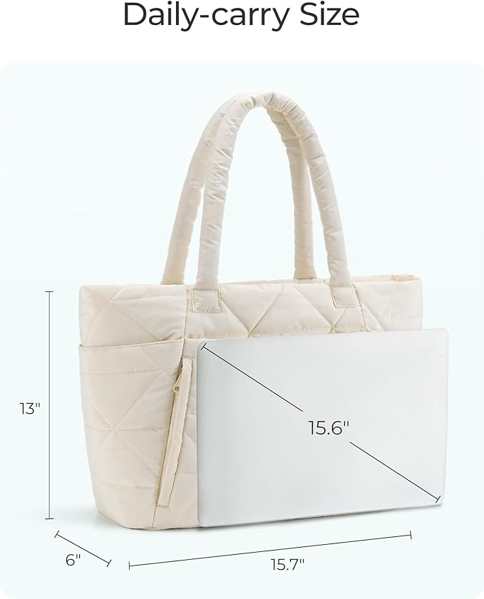 BAGSMART Tote Bag for Women, Puffy Tote Bag with Zipper, Large Quilted Shoulder Bag with Compartments for Travel, Work, Gym