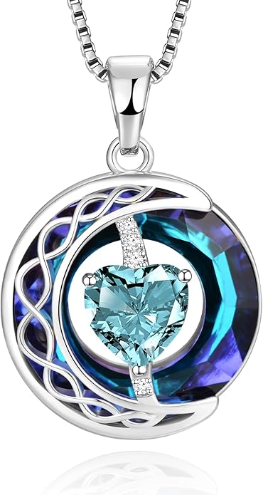 LIANYU Necklace for Womens Blue Sapphire Necklace Moon Pendant S925 Sterling Silver Crystal Jewelry for Women Pendant Birthday Gifts for Wife Gifts Valentine Anniversary
