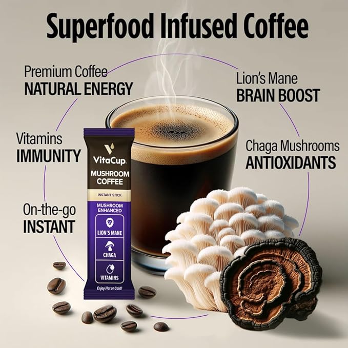 VitaCup Mushroom Coffee Instant Packets, for Memory & Clarity Support, w/Fiber, Chaga, Lion’s Mane, D3, B Vitamins, Medium Roast, 100% Arabica & Robusta Coffee in Single Serve Sticks, 48 Ct