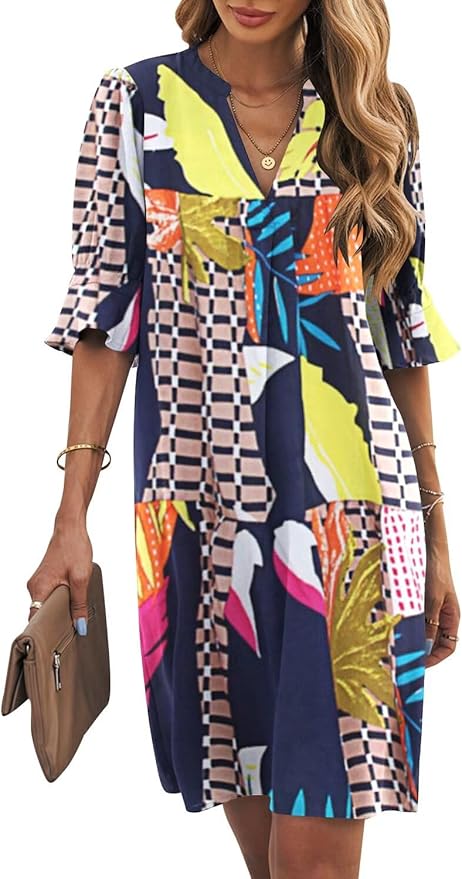 Wkior Shift Dress for Women V Neck Short Sleeves Solid Color Casual Flowy Summer Dresses(S-2XL)