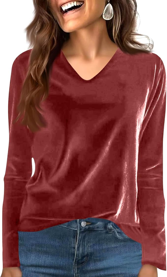 Velvet Tops for Women Dressy Casual V Neck Shirts Loose Fit Vintage Long Sleeve Velour Blouse Solid Holiday Party Outfits
