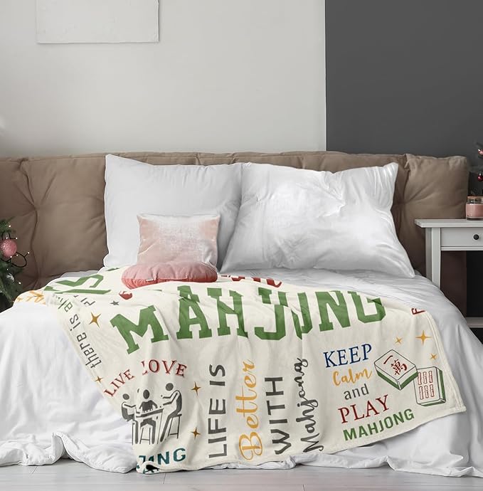 Turelos Mahjong Gifts for Women, Mahjong Blanket, Mah-Jong Themed Present, Mah Jong Accessories Gifts for Mah Jong Lovers for Christmas/Birthday Throw Blanket 60x50in