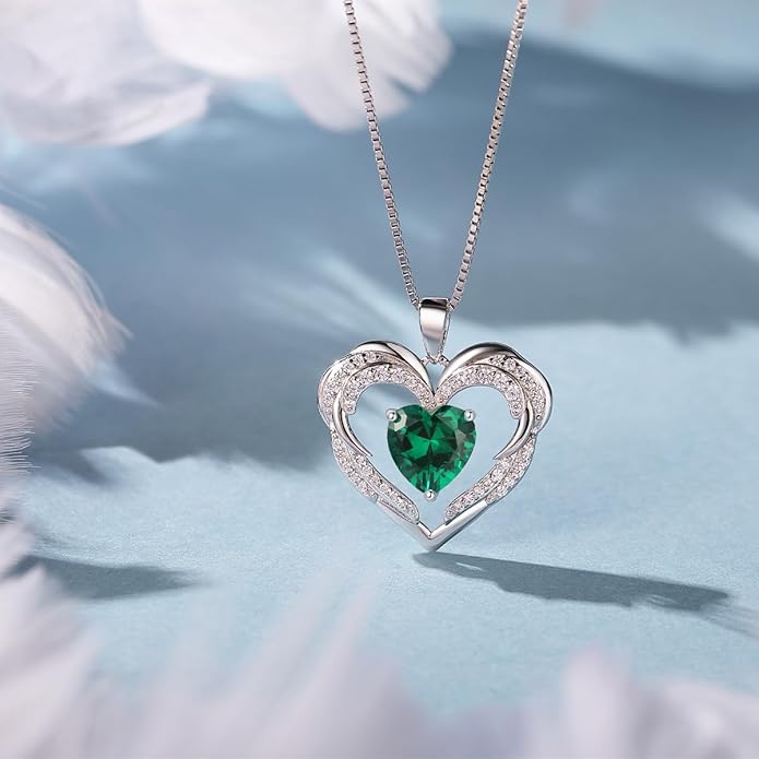 Jurikko Heart Necklaces Valentine's Gift for Women, Birthstone 925 Sterling Silver Angel Wings Love Pendant Necklaces for Women, Jewelry Gifts for Wife, Anniversary, Mother's day
