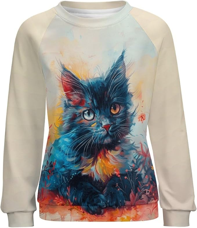 Spatofa Womens novelty funny cat printed crewneck sweatshirt casual loose long sleeve graphic pullover sweatshirts tops