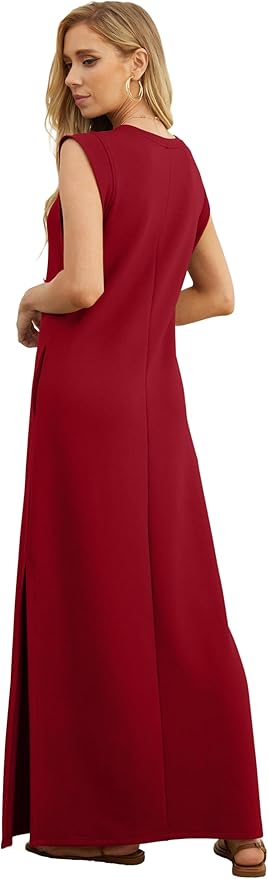 GRECERELLE 2026 Women Year-Round Casual Round Neck Loose Split Wrinkle-Free Long Maxi Vacation Dress with Pockets (XXS-4XL)