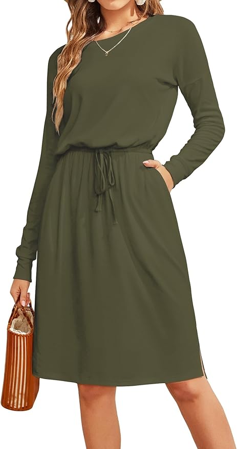 Simier Fariry Womens Spring Hide Belly Knee Length Travel Dress Pocket Summer Short Sleeve Midi Work Casual Outfits
