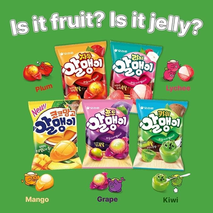 Korean Fruit Jelly Candy – Assorted Chewy Gummy Snacks – 5 Fruity Flavors (Grape, Plum, Lychee, Kiwi, Mango) – Individually Wrapped – Perfect for Kids & Adults – 알맹이젤리 (5 Flavor Mix–2.4oz(67g) × 5pack)