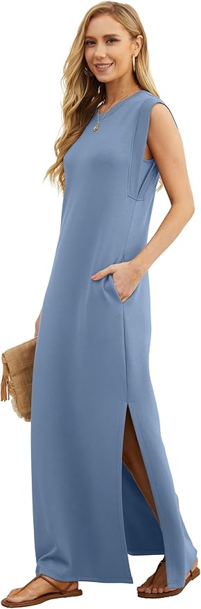 GRECERELLE 2026 Women Year-Round Casual Round Neck Loose Split Wrinkle-Free Long Maxi Vacation Dress with Pockets (XXS-4XL)