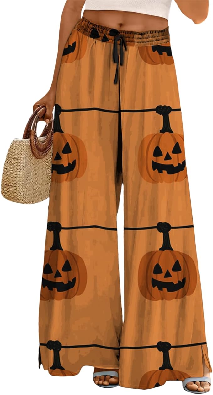 domirica Halloween Pants Women Drawstring Elastic Waist Wide Leg Pants Ladies Pumpkin Ghost Pajama Vintage Street Wear