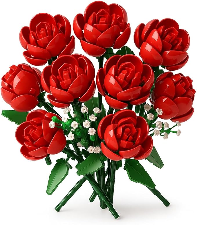 Dexblocks 780 PCS Red Rose Building Flower Bouquet Kit for Adults & Kids, DIY Artificial Flowers Set for Home Decor, Desk Display, Gifts for Women, Girls (Red Rose)
