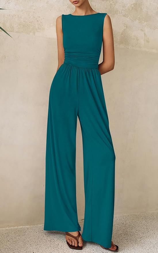 PRETTYGARDEN One Piece Jumpsuits for Women Dressy Casual Sleeveless Crewneck Wide Leg Rompers Jumpers Vacation Summer Outfits