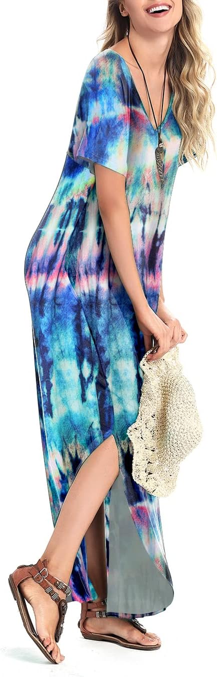 Arolina Women's Summer Maxi Dress Short Sleeve V Neck Casual Loose Long Beach Split Dresses with Pockets