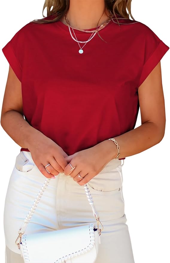 Tankaneo Womens Short Sleeve Cropped T-Shirts Summer Rolled Dolman Sleeve Crop Tops Casual Round Neck Solid Short Basic Tees