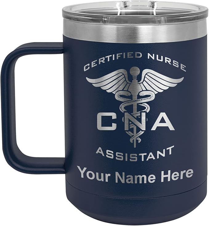 LaserGram 15oz Vacuum Insulated Coffee Mug, CNA Certified Nurse Assistant, Personalized Engraving Included (Navy Blue)