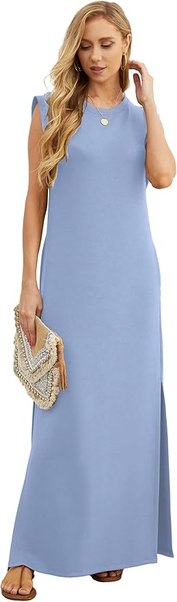 GRECERELLE 2026 Women Year-Round Casual Round Neck Loose Split Wrinkle-Free Long Maxi Vacation Dress with Pockets (XXS-4XL)