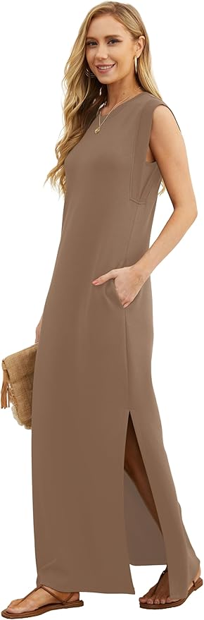 GRECERELLE 2026 Women Year-Round Casual Round Neck Loose Split Wrinkle-Free Long Maxi Vacation Dress with Pockets (XXS-4XL)