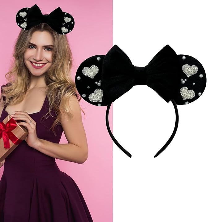 WW-WONDERFULWORLD Pearl Hearts Mouse Ears Headband, Black Velvet Bow, Rhinestone Decorations, Adjustable Valentine's Day Costume Accessory, Party Cosplay; FG8BAX