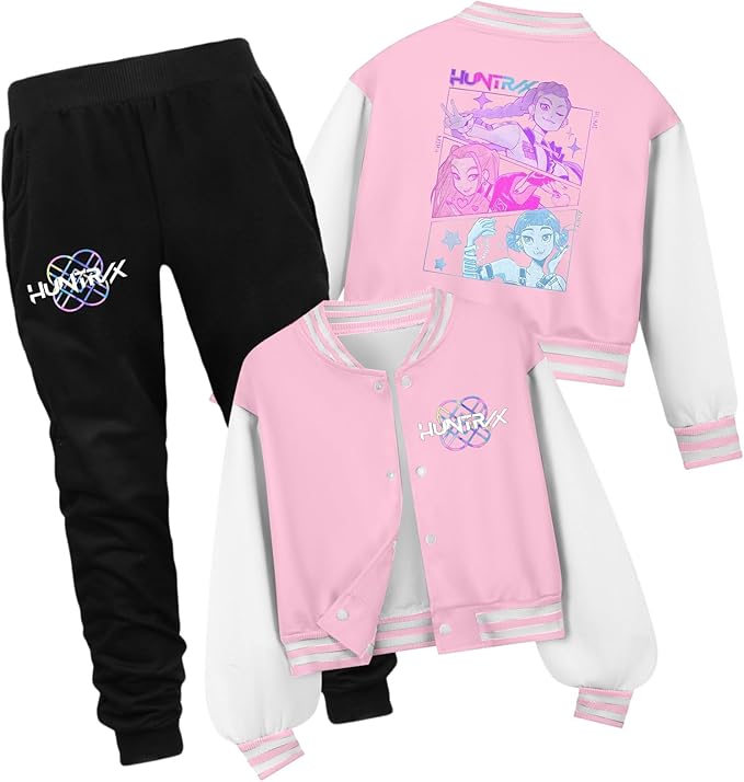 K PopGirls Kpop Tracksuit Cute Cartoon Print Baseball Coats Fashion Long Sleeve Jackets and Pants Christmas Costume Set
