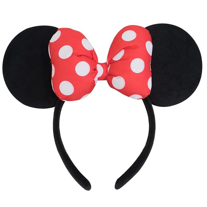 Jeffan Mouse Ear Headband with 3D Cotton Bow, Polka Dot Bow Mouse Party Costume Accessories for Women Girls (Red)