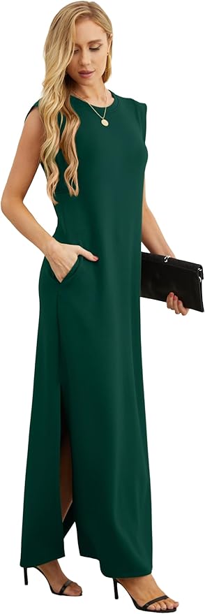 GRECERELLE 2026 Women Year-Round Casual Round Neck Loose Split Wrinkle-Free Long Maxi Vacation Dress with Pockets (XXS-4XL)