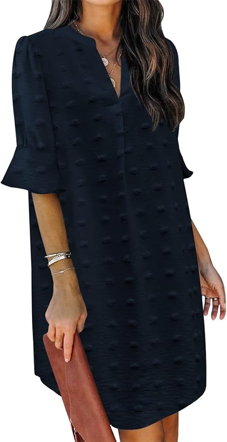 QACOHU Summer Dresses for Women V Neck Ruffle Short Sleeve Casual Shift Dress