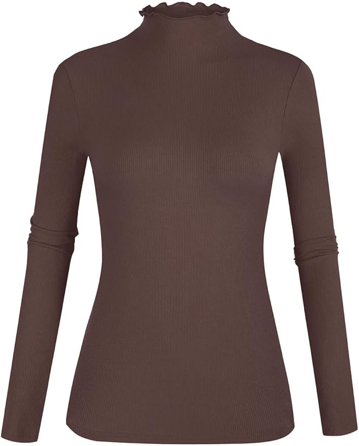 POPZONE Women's Lettuce Trim Mock Neck Long Sleeve Slim Fit Ribbed Knit Tee Shirt Tops