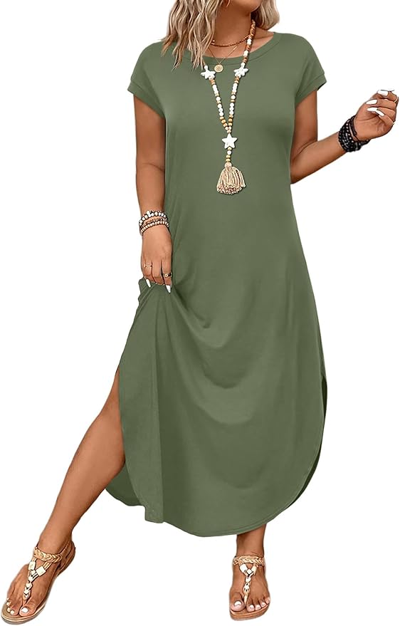 WIHOLL Summer Dresses Cap Sleeve Crewneck Maxi Long Casual Dress with Pockets Beach Vacation Sundresses 2026 Trendy