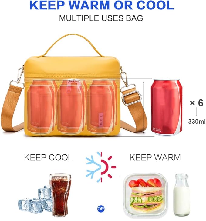 NOL Natural Organic Lifestyle Reusable Insulated Lunch Bags for Adults Lightweight Nylon Waterproof Lunch Box with Removable Adjustable Strap Insulated Lunch Bag for Work (Small Earth-yellow)