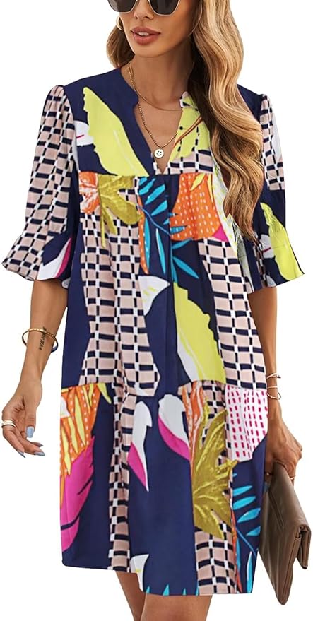Wkior Shift Dress for Women V Neck Short Sleeves Solid Color Casual Flowy Summer Dresses(S-2XL)