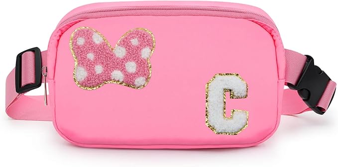 Chenille Initial Letter Bow Mouse Fanny Pack, Waterproof Park Crossbody Bag Christmas Birthday Gifts for Teen Girls Daughter Women Kids Adults, Cute Belt Bag Must Haves for Park Travel (C, Pink)