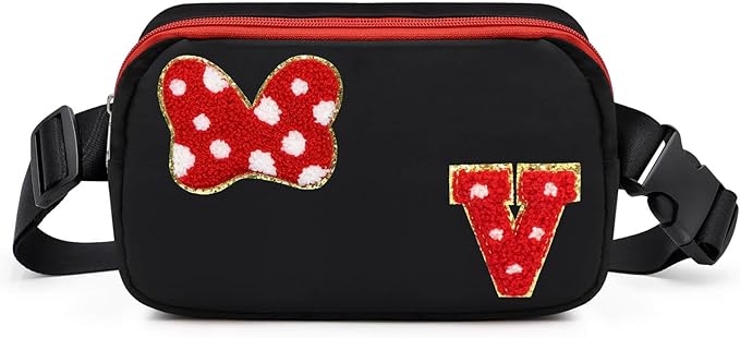 Chenille Initial Letter Bow Mouse Fanny Pack, Waterproof Park Crossbody Bag Christmas Birthday Gifts for Teen Girls Daughter Women Kids Adults, Cute Belt Bag Must Haves for Park Travel (V, Black)