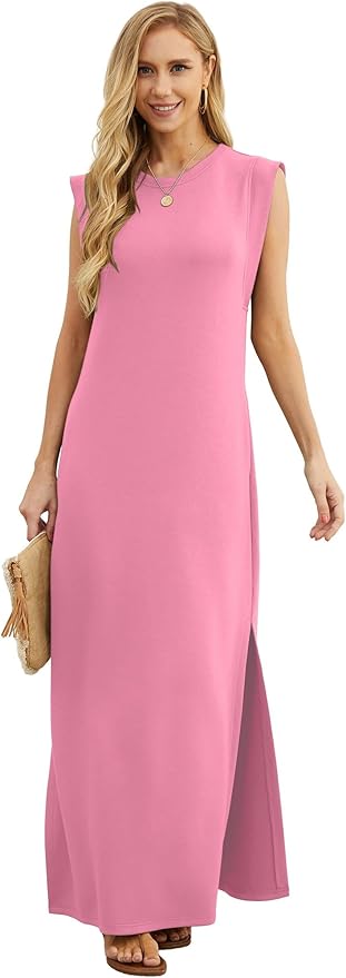 GRECERELLE 2026 Women Year-Round Casual Round Neck Loose Split Wrinkle-Free Long Maxi Vacation Dress with Pockets (XXS-4XL)