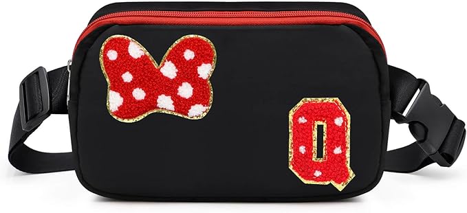 Chenille Initial Letter Bow Mouse Fanny Pack, Waterproof Park Crossbody Bag Christmas Birthday Gifts for Teen Girls Daughter Women Kids Adults, Cute Belt Bag Must Haves for Park Travel (Q, Black)