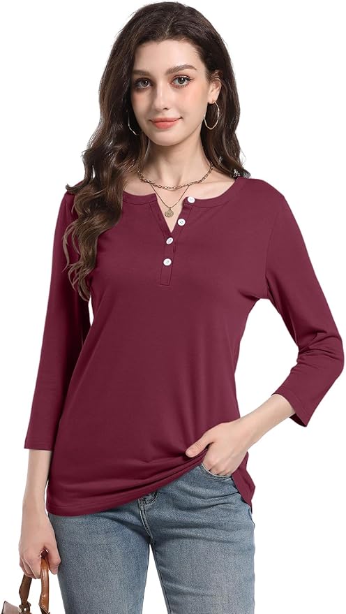 PGANDS Women's 3/4 Length Sleeve T Shirts Button Down Scoop Neck Casual Tops