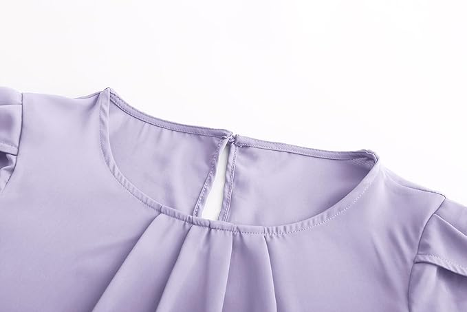 TASAMO Women's Casual Round Neck Basic Pleated Top Cap Sleeve Curved Keyhole Back Chiffon Blouse