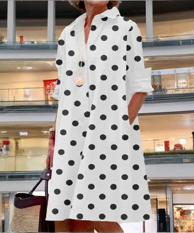 Womens 2025 Long Sleeve Button Down Shirt Summer Dress Casual V Neck Loose Fit Midi Shirt Dresses with Pockets