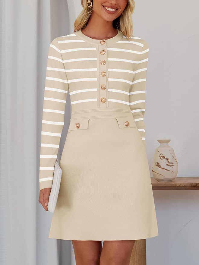 NENONA Women's 2026 Long Sleeve Fall Winter Sweater Dress Spring Fashion Button Elegant Business Casual Work Mini Dresses