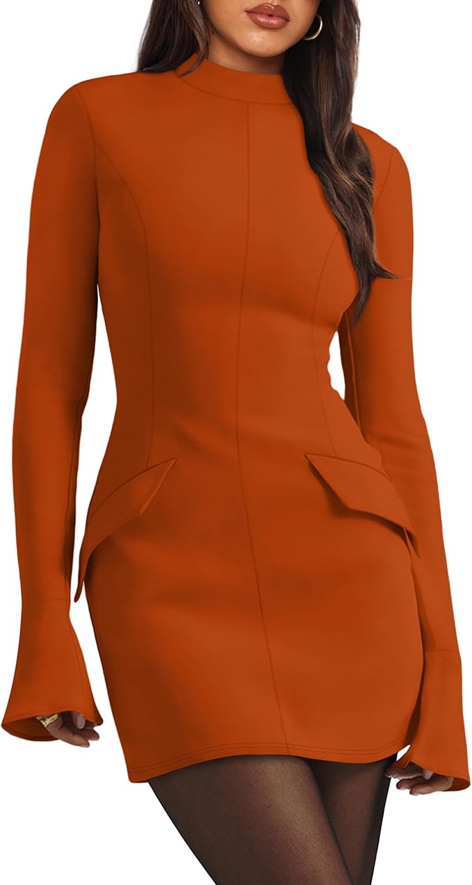 OFEEFAN Women's Fall Long Sleeve Mock Neck Dress Basic Party Club Bodycon Mini Dresses