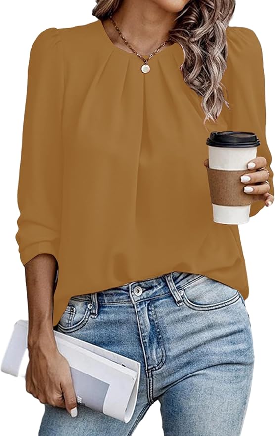 Samefar Womens Tops Dressy Casual Pleated Crew Neck Long Sleeve Shirts Office Work Chiffon Blouses