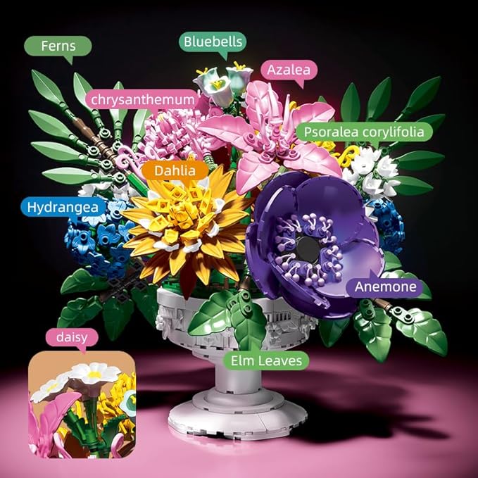noziaa Botanicals Flower Arrangement Artificial Flowers Building Set, Home Office Decoration Succulent Plant Bonsai Building Toy, Gift for Girls, Standard Particles 1081 PCS (JJ9234)