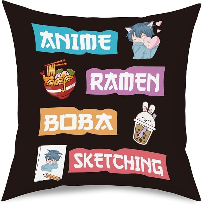 NGLIV Anime Decor, Just a Girl Who Loves Ramen Boba Sketching Room Decorative Throw Pillow Covers, Anime Lovers for Home Living Room Girl Women Bedroom Decoration Gifts