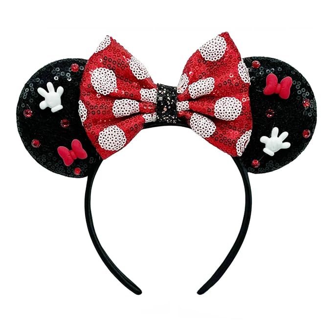 WW-WONDERFULWORLD Shiny Mouse Ears Headbands With Sequin Polka Dot Bow & Diamond, Black and Red, Glitter Party Costume Accessory, Park Cosplay