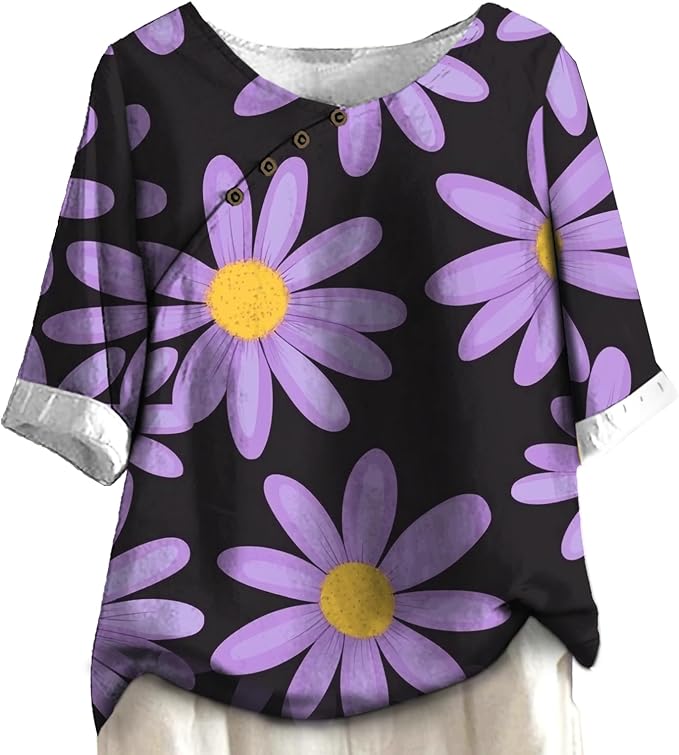 Women's Shirts Dressy Casual Asymmetric Side Button Down Design Tops Summer Loose Fit Crewneck Graphic Tees