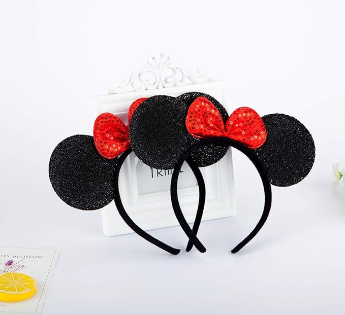 FANYITY Mouse Ears Headbands Sequin Hair Band for Girls Women Boys Party, 2 Pieces (RED&BLACK)