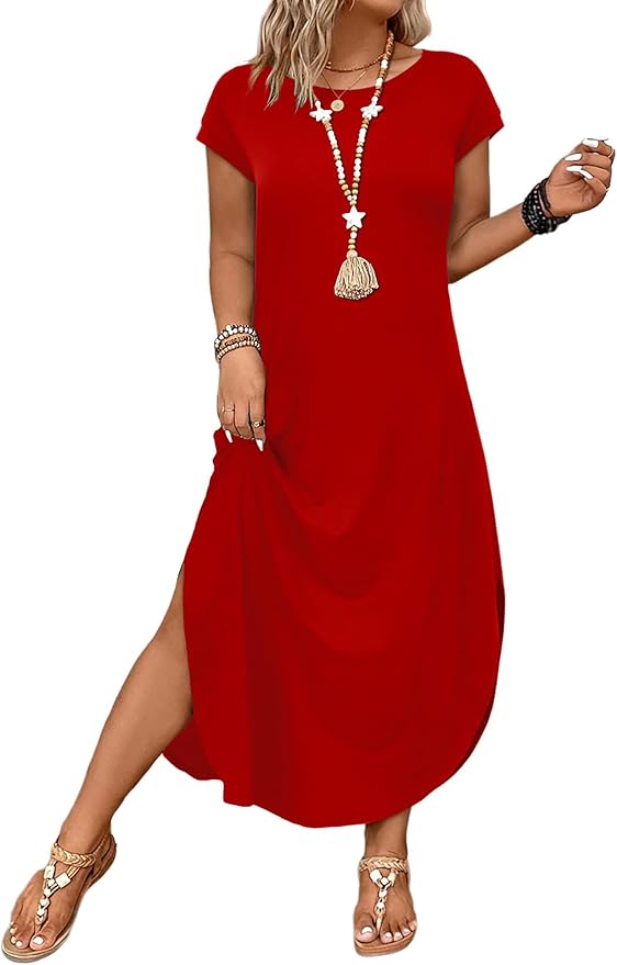 WIHOLL Summer Dresses Cap Sleeve Crewneck Maxi Long Casual Dress with Pockets Beach Vacation Sundresses 2026 Trendy
